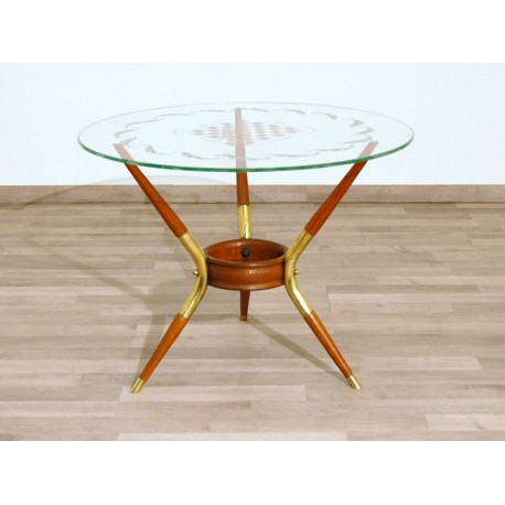 Tavolino Originale 1950 - Art. 1725 - Piano in Cristallo Serigrafato - Struttura in Legno / Ottone
