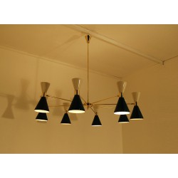 Lampada da Soffitto Art. 1731, 8 DIFFUSORI Doppio Cono Snodati - Ottone / Metallo - Bianco / Blu