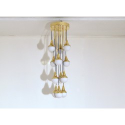 Lampada da Soffitto a Cascata Art. 1829 - 12 DIFFUSORI in Vetro Opalino - Ottone