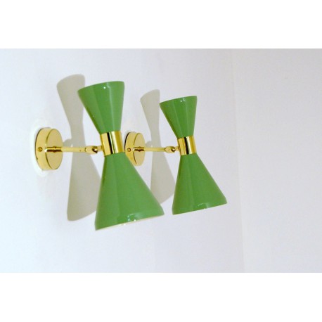 Wall Sconce Double Cone Art. 1847 - 2 DIFFUSERS - Brass / Metal - LIGHT GREEN
