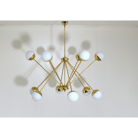 SPUTNIK Ceiling Lamp - Art. 1755 - 12 Opal Glass DIFFUSERS - Brass / Metal