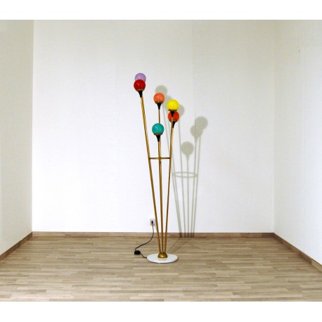Lampada da Terra, Art. 1074 ALBERELLO, 6 DIFFUSORI - Ottone / Marmo / Vetro Opalino